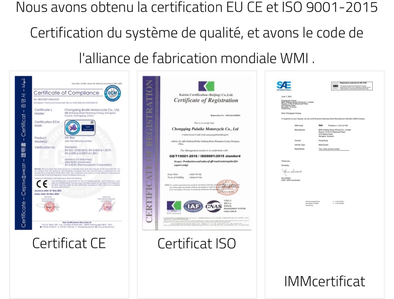 Certifications CE, ISO 9001:2015 et code constructeur WMI BNK